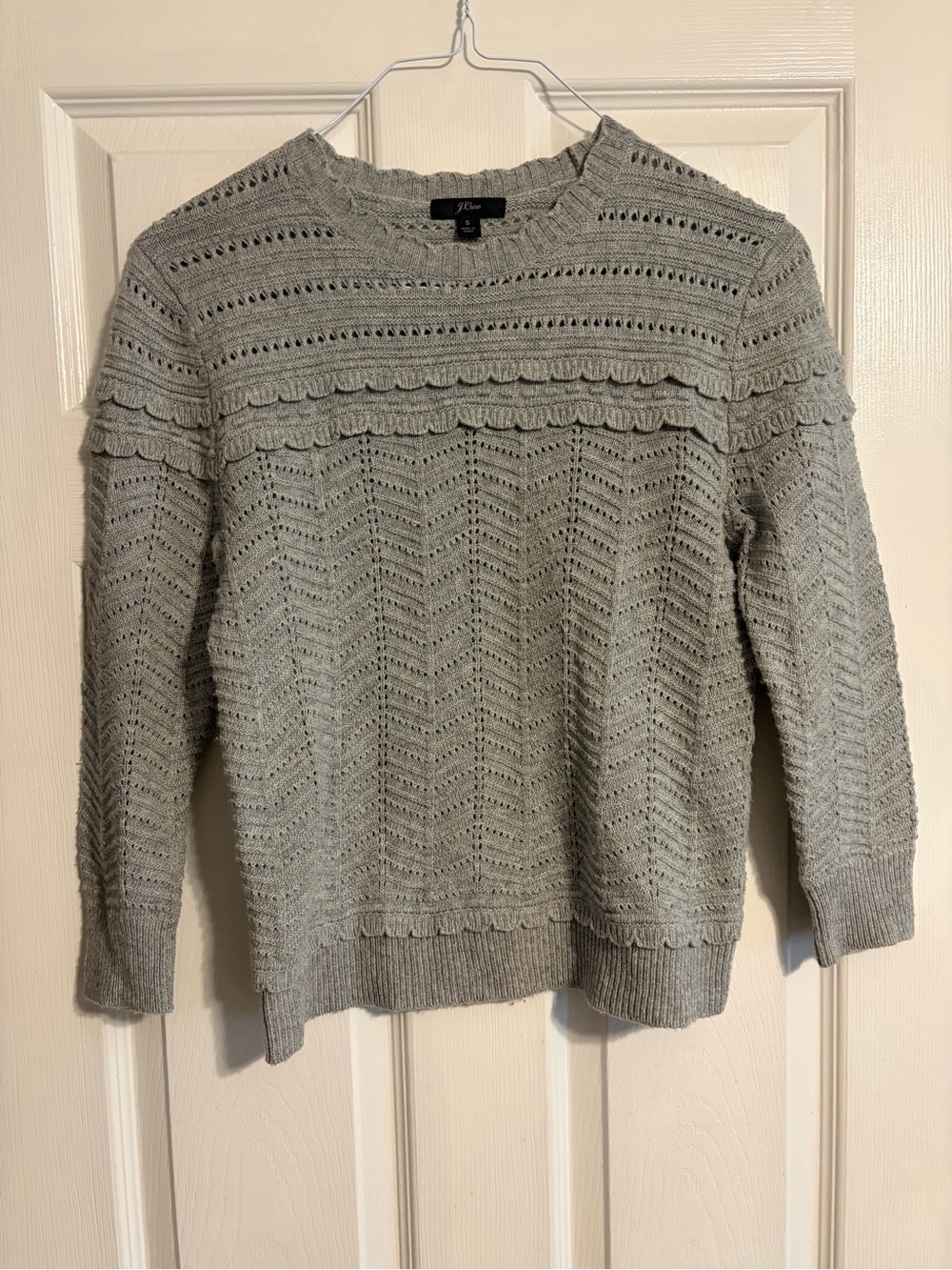 J.Crew Gray Scalloped Pointelle Wool Blend Sweater Ruffle 3/4 Sleeve S